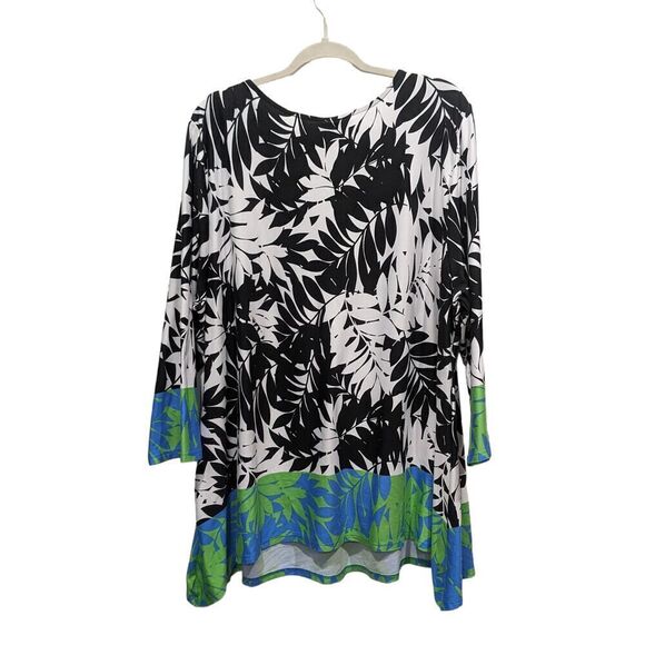 Ruby Rd Black & White Tropical Print Neon Trim 3/4 Sleeve V Neck Tunic Top, 3X - Picture 8 of 11